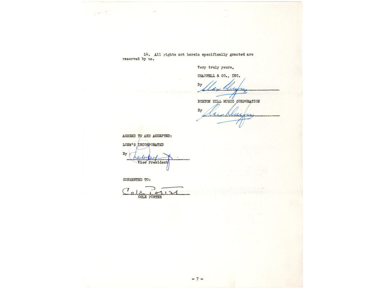 contract signed by porter barring the "cole porter cavalcade"