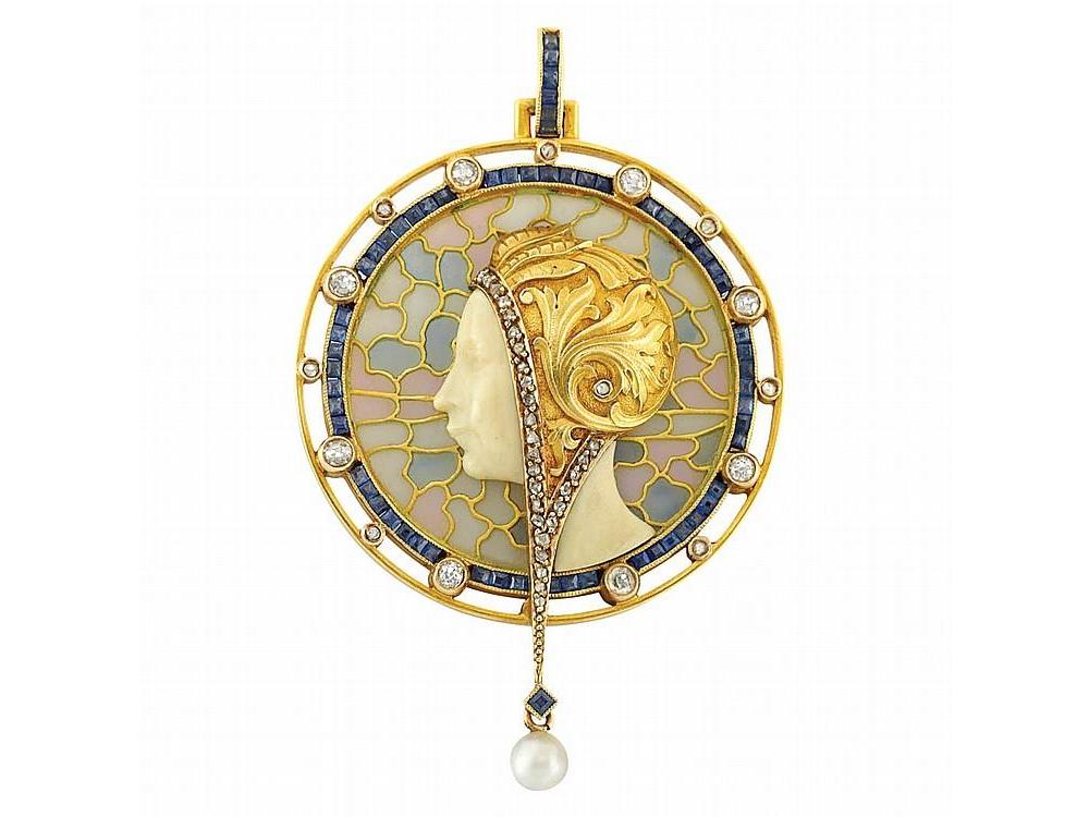 art nouveau gold, plique-a-jour enamel, diamond