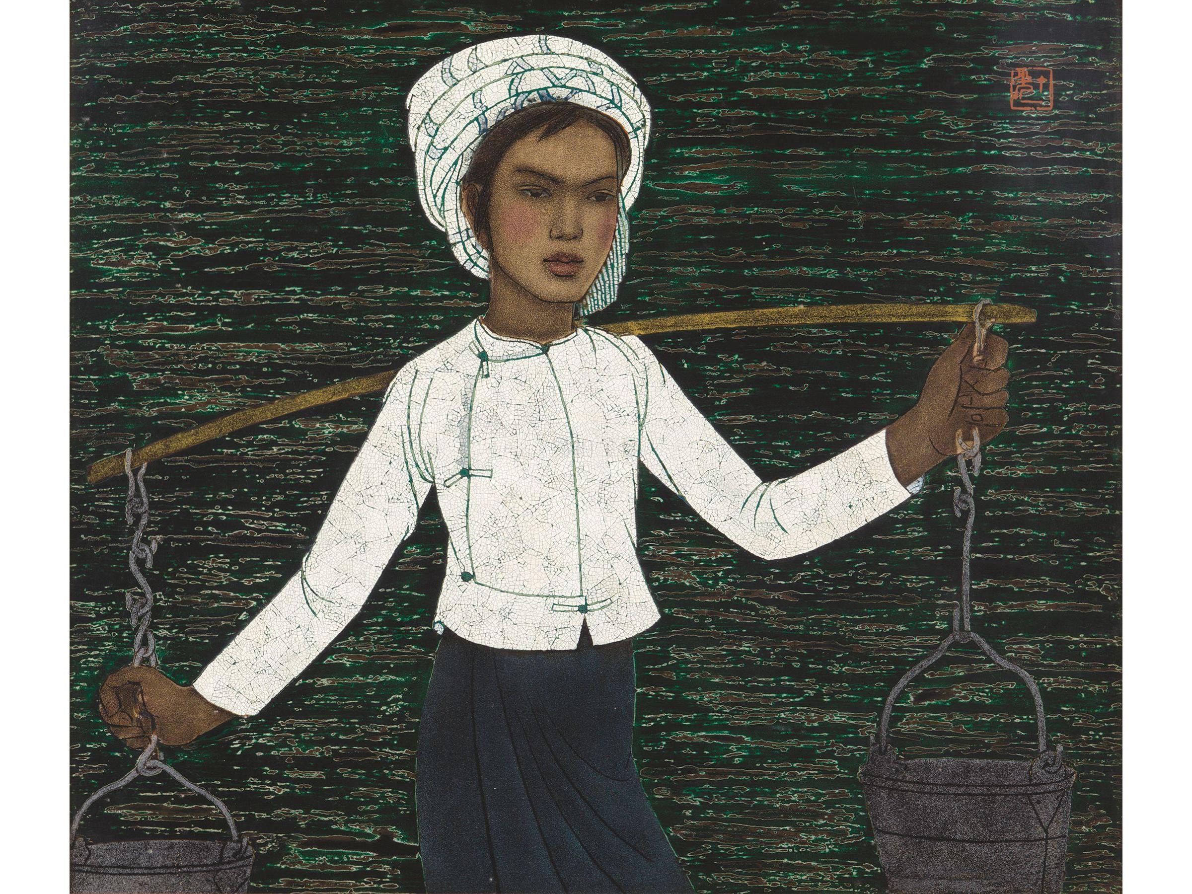 乔十光漆画担水姑娘